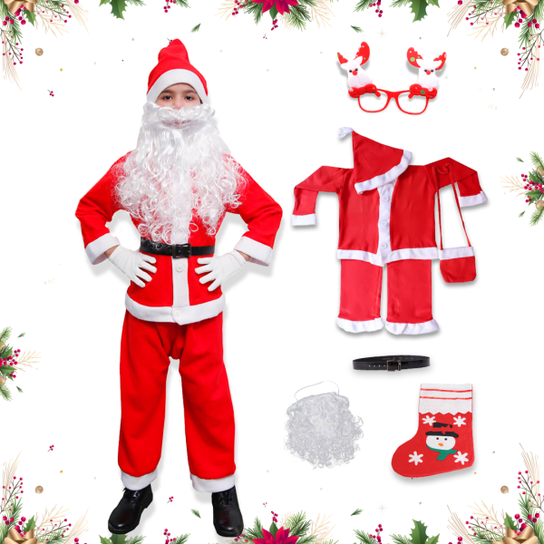 Santa Costume Outfit for Kids With Jacket Pant Santa Cap Gift Pouch Belt,Beard,Hanging Stocking & ,Red