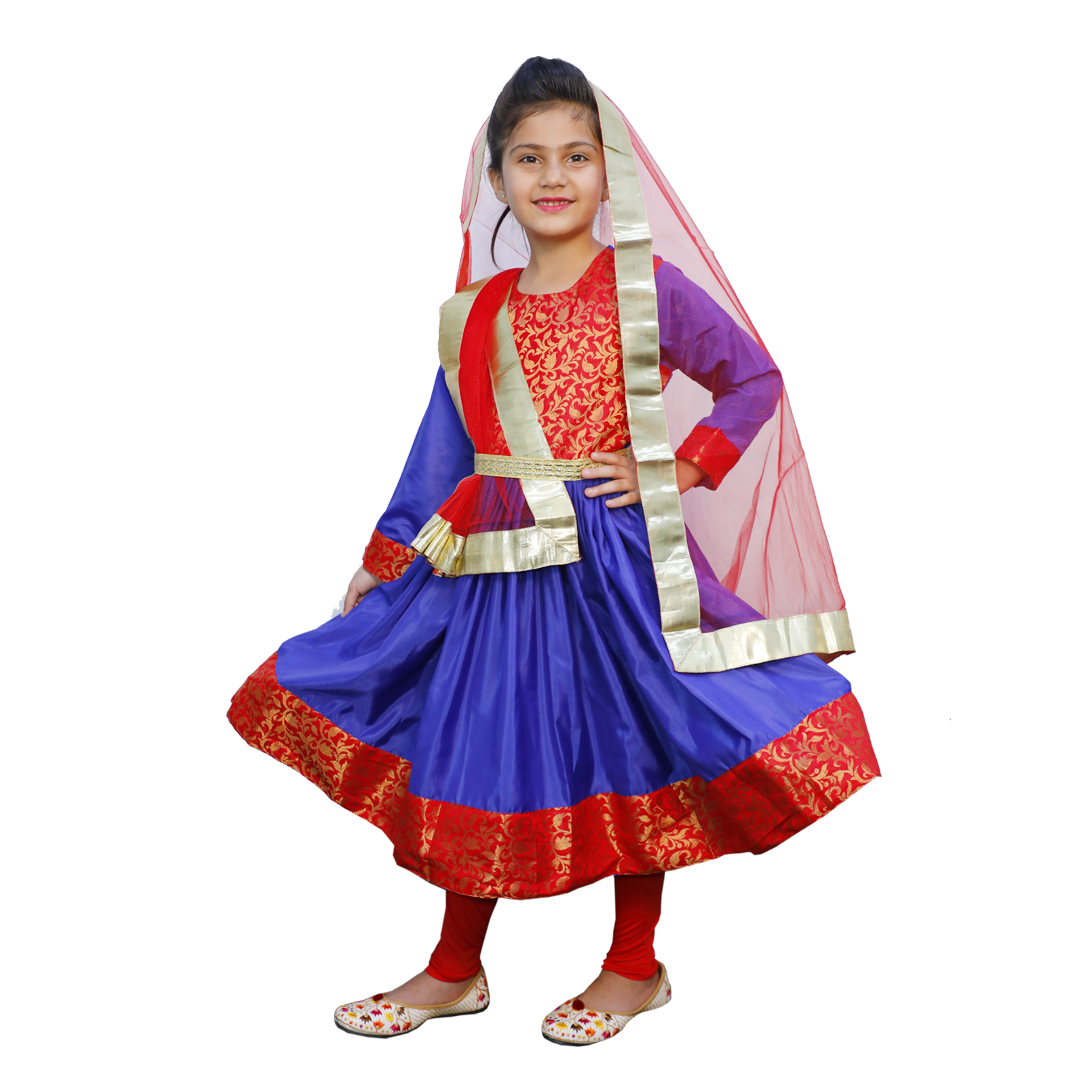 Kathak Costume Blue and Red Anarkali Dress - Image 3