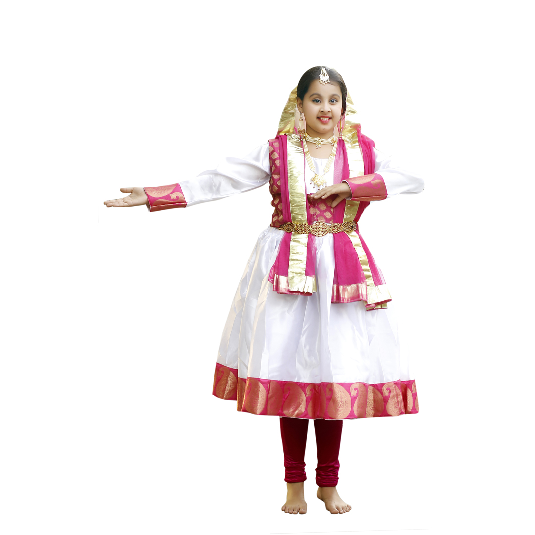 Kathak Dance Costume – White & Magenta Anarkali Dress